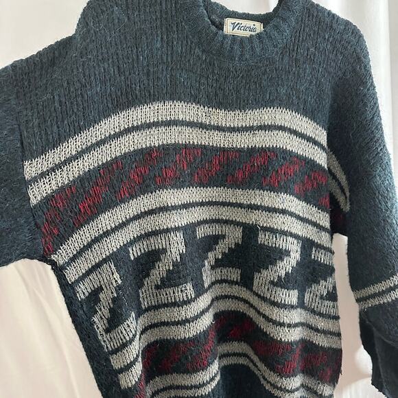 Vintage Men's Baggy Patterned Knit Crewneck Sweater Size Large - Picture 2 of 7